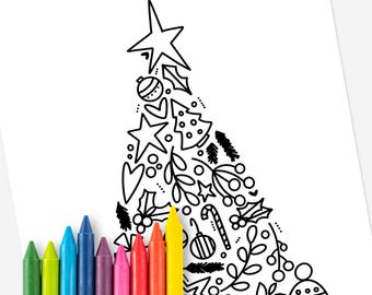 Christmas Tree Printable Coloring Page | Holiday Coloring Sheets | Family Night Activity School Relax and Color Cozy Xmas