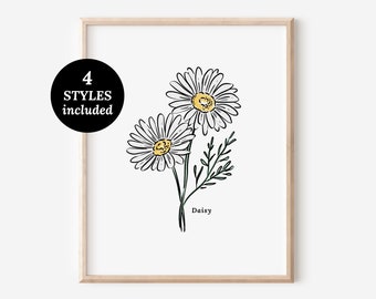 Daisy Flower Illustration Printables | 4 Styles Included Watercolor Antique Sketched Floral Decor