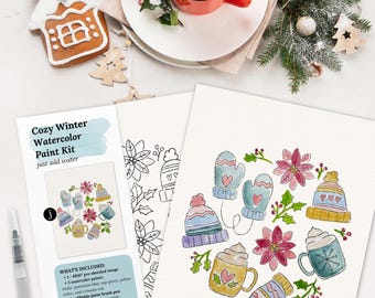 Cozy Winter Watercolor Paint Kit | Pre-Sketched Art Set Gift, Holiday Paint Party & Date Night
