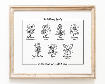 Custom State Flower Family Art: Personalized Home State Print (Digital Download)