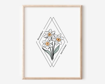 December Narcissus Birth Flower Printable | Watercolor Floral Diamond Frame | Birthday Gift Nursery Art