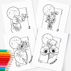 12 Página para colorear de flores de nacimiento del zodíaco imprimibles / Libro para colorear del horóscopo de astrología / Hojas digitales de inspiración floral