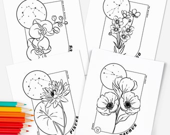 12 Zodiac Birth Flower Coloring Page Printables | Astrology Horoscope Coloring Book | Floral Inspired Digital Sheets