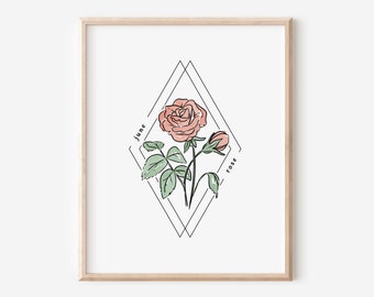 June Rose Birth Flower Printable | Watercolor Floral Diamond Frame | Birthday Gift Nursery Art