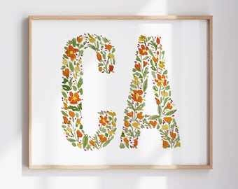 California Poppy Watercolor Art Print CA State Golden Poppies Wall Decor