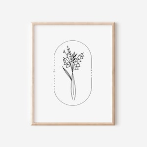 May Birth Flower Lily of the Valley | Oval Frame Simple Floral Art Printable | Birth Flower Tattoo Design | Garden Inspired Birthday Gift