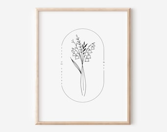 May Birth Flower Lily of the Valley | Oval Frame Simple Floral Art Printable | Birth Flower Tattoo Design | Garden Inspired Birthday Gift