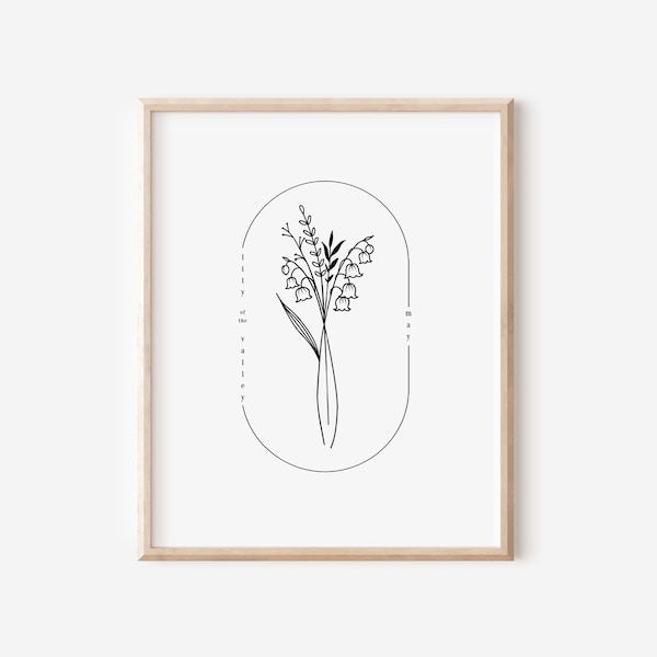May Birth Flower Lily of the Valley | Oval Frame Simple Floral Art Printable | Birth Flower Tattoo Design | Garden Inspired Birthday Gift