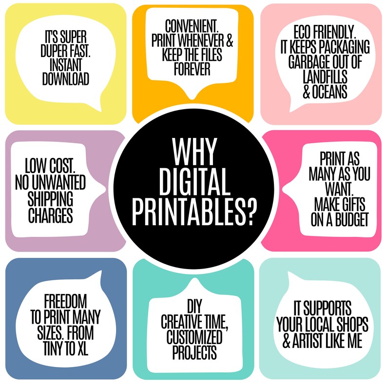 Może przedstawiać: Grafika czarno-biała z tekstem "Why Digital Printables?" w centrum. Wok&oacute;ł tekstu znajduje się dziewięć kolorowych dymk&oacute;w, każdy z innym powodem, dla kt&oacute;rego wydruki cyfrowe są dobrym wyborem. Powody obejmują: "Jest super szybki. Natychmiastowe pobieranie", "Niski koszt. Brak niepożądanych koszt&oacute;w wysyłki", "Wygodnie. Drukuj kiedy chcesz i zachowaj pliki na zawsze", "Ekologicznie. Zapobiega wyrzucaniu opakowań do śmieci na wysypiska i do ocean&oacute;w", "Drukuj tyle, ile chcesz. Tw&oacute;rz prezenty w ramach budżetu", "Wolność drukowania wielu rozmiar&oacute;w. Od małych do XL", "Czas na kreatywność DIY, spersonalizowane projekty", "Wspiera lokalne sklepy i artyst&oacute;w takich jak ja".