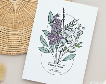 4th Anniversary Couples Birth Flower Bouquet Printable | Personalized Wedding Gift | Digital Wall Decor