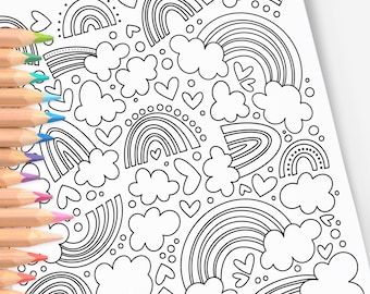 Rainbow Love & Hearts Printable Coloring Page | Magical Fun Digital Coloring Sheet Birthday Wedding