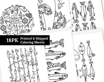 18 PK Fishing Coloring Pages Printed & Shipped | 3 Pages of Each 6 Pc Set | Lure Rainbow Trout Bass Water Fishing Gear Nature Sheets