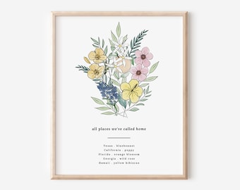 Custom State Flower Bouquet Printable | Up to 6 Flowers | Personalized Floral Digital Art Print Home State Travel Souvenir Gift