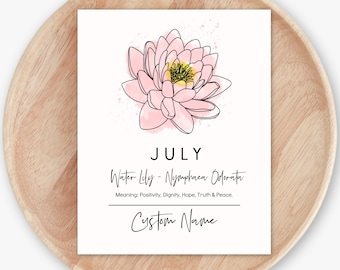 July Birth Month Flower Water Lily | Personalized Unframed Art Print | Gift for Birthdays | Nursery Wall Decor