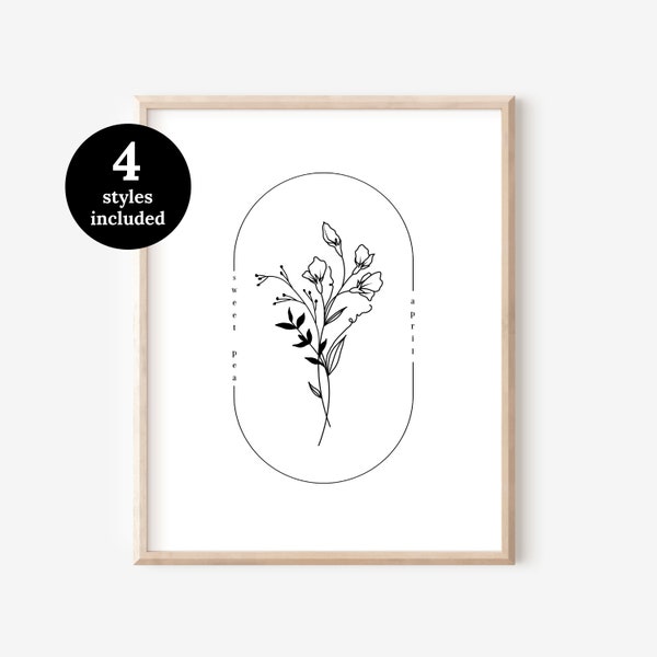April Birth Flower Sweet Pea 4 Pk | Oval Frame Simple Line Art Printable | Best April Birthday Gift