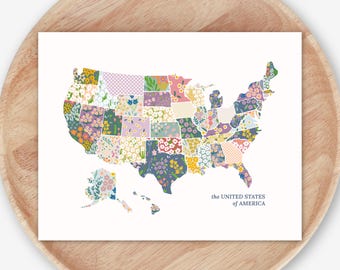 USA Map Travel Print | Americana Wildflower Art Poster