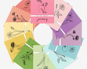 12 Month Birth Flower Note Cards + Envelopes | Full Year Birthday Postcards | Gift Notecard Decor Mini Prints