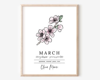 March Cherry Blossom Birth Flower Personalized Name Unframed Art Print | Custom Gift for Birthdays | Nursery Wall Decor