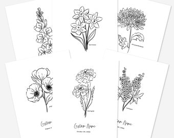 Personalized Name Birth Flower Print | Black and White Floral Line Art | Floral Custom Birthday or Holiday Gift | Garden Inspired