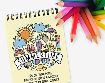 Summertime Mini Coloring Book 25 Pg | Hand Illustrated Pocket Sized 4.25X5.5" | Top Wirebound Notebook