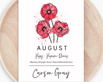 Personalized August Birth Month Flower Poppy Digital Printable | Birth Month Floral Inspired Birthday Gift