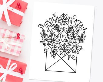 Poinsettia Love Letter Printable Coloring Page | Holiday Coloring Sheets | Family Night Activity School Relax and Color Cozy Xmas