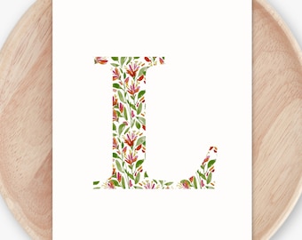 Honeysuckle Monogram Initial Art Print | Painted Letter | June Birth Flower