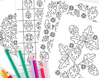 4 Pk Strawberry Printable Coloring Pages Digital Color Sheets | Hand-Drawn Fruit Illustrations