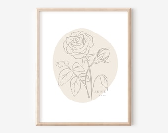 June Rose Birth Flower Printable | Simple Line Art Boho Decor Style | Birthday Gift Nursery Art | Neutral Wall Decor