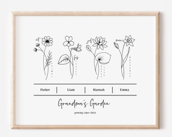 Personalized BW Birth Flower Bunch Unframed Art Print Up To 6 Names Black & White | Custom Gift For Mom Grandma Family Garden
