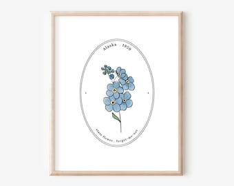 Alaska US State Flower Cameo Style | Forget Me Not Watercolor Floral Art Printable