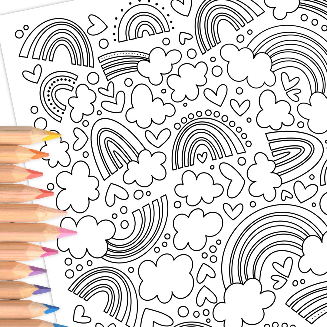 Rainbow Love & Hearts Coloring Page  Digital Printable