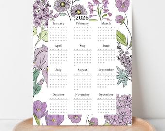 2026 Calendar Print | Purple Florals At A Glance Unframed Art | Lavender Floral Office Wall Decor