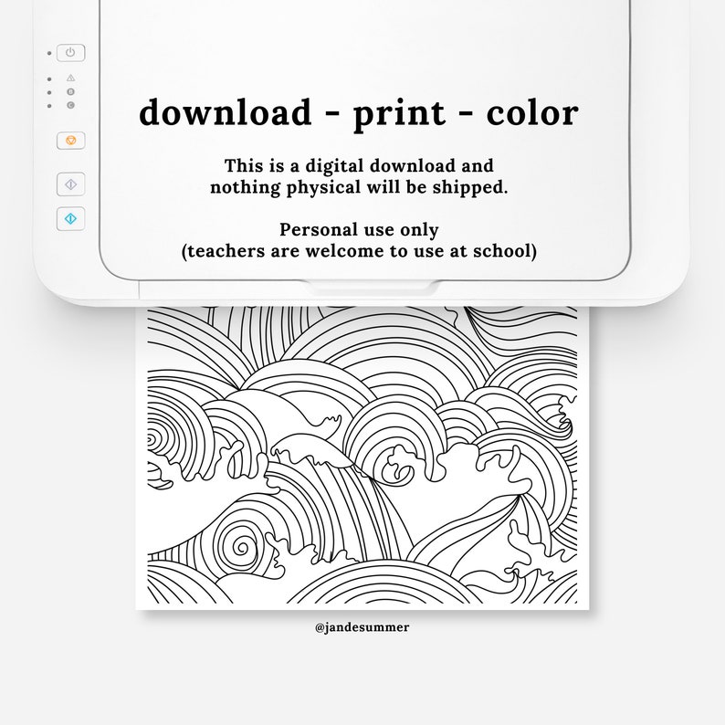 Sunset & Ocean Waves Coloring Page Digital Printable Water Zen Relaxing Coloring Sheet image 5