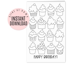 Happy Birthday Card Printable | Coloring Page Digital Card Cute Cupcake Party For Kids to Color