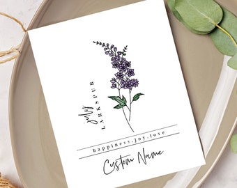 July Birth Flower Larkspur | Personalized Unframed Art Print | July Delphinium Birthday Gift | Nursery Wall Decor