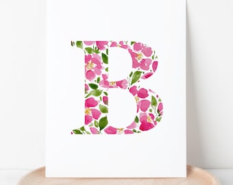Wild Rose Monogram Initial Art Print | Painted Letter | June Birth Flower