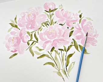 Original Pink Peony Bouquet Watercolor Painting | Hand Painted Flowers OOAK