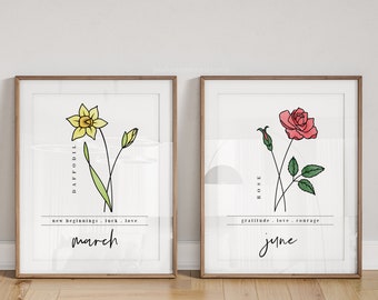 12 Pk Birth Flower Print | 12 Month Floral Line Art Watercolor Gallery Wall Art Decor | Pick Your Dozen