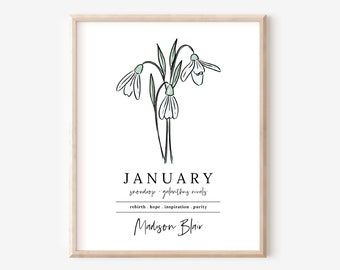 January Snowdrop Birth Flower Personalized Art Print: Custom Birthday Gift
