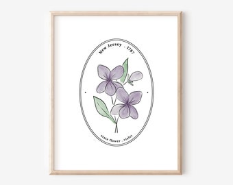 New Jersey US State Flower Cameo Style | Violet Watercolor Floral Art Printable