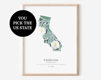 YOU Pick 1 US States USA Map Patterned State Print | Big Blooms Dark Blue Floral