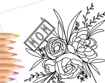 Mothers Day Bouquet | Hand-Drawn Coloring Page Print & Color | Digital Printable