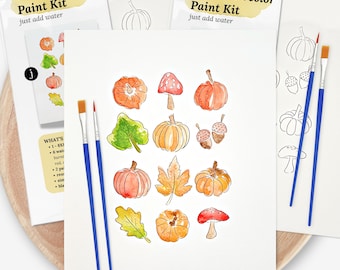 Fall Watercolor Paint Kit | Pick Your Pack Bulk Price 2, 4, 8, 10, 12 Packs | Pre-Sketched Autumn Art Set for Paint Party and Date Night
