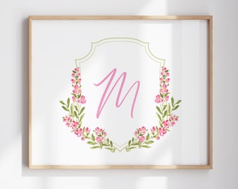 Pink Snapdragon Monogram Floral Crest Art Print | Hand Painted Letter Wall Decor