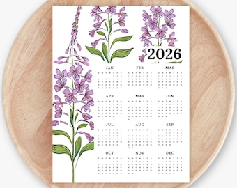2026 Calendar Print | Fireweed Wildflower At A Glance Unframed Art | Floral Office Wall Decor
