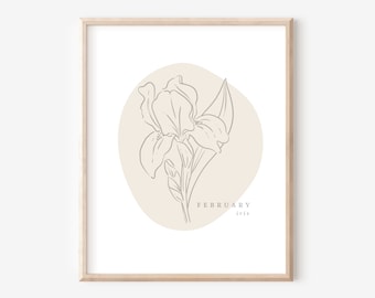 February Iris Birth Flower Printable | Simple Line Art Boho Decor Style | Birthday Gift Nursery Art