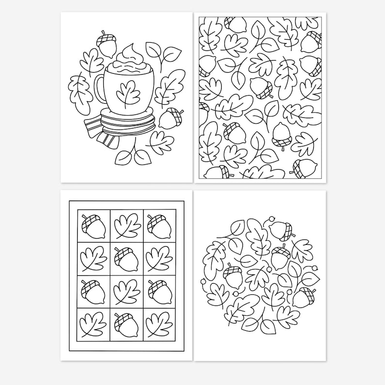 4 Pk Fall Printable Coloring Pages Digital Color Sheets | Hand-drawn ...