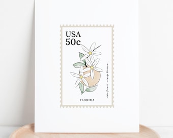 Florida US State Flower Stamp | Orange Blossom Watercolor Floral Art Printable