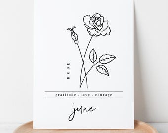 June Birth Flower Rose Printable | Black & White Floral Art Birthday Anniversary Gift